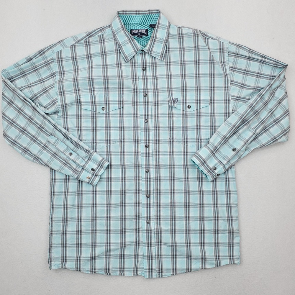 Panhandle Shirt Mens Large Teal Plaid Western Cowboy Pearl Snap Long Sleeve